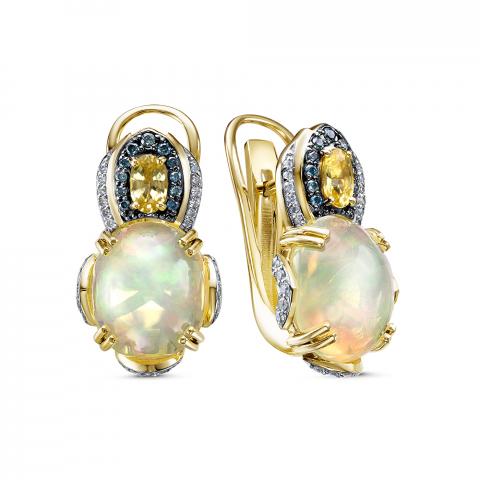 Серьги из золота c бриллиантами, сапфирами и опалами