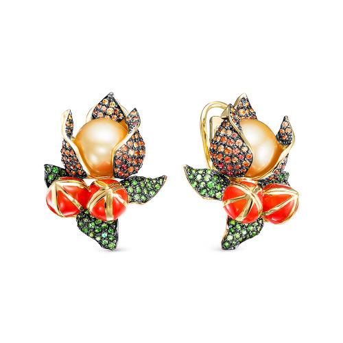 2867-02 Серьги из Золот�а с вставками - Жемчуг, Сапфир, Сапфир_цветной, Тсаворит, Эмаль