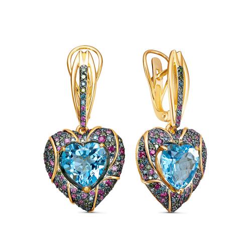 3888-02 Серьги из Золот�а с вставками - Бриллиант, Сапфир, Сапфир_цветной, Топаз
